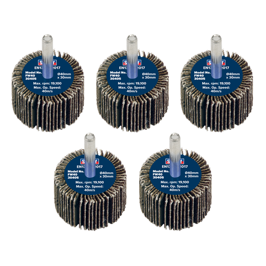 Sealey Flap Wheel 40mm x 30mm 6mm Shaft 40 Grit 5 Pieces 26700 RPM FW4030405