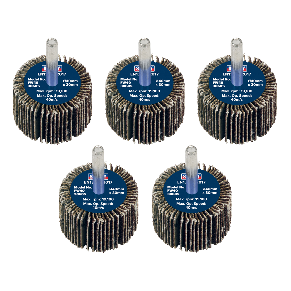 Sealey Flap Wheel 40mm x 30mm 6mm Shaft 60 Grit 5 Pieces 26700 RPM FW4030605