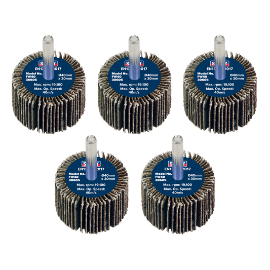 Sealey Flap Wheel 40mm x 30mm 6mm Shaft 60 Grit 5 Pieces 26700 RPM FW4030605