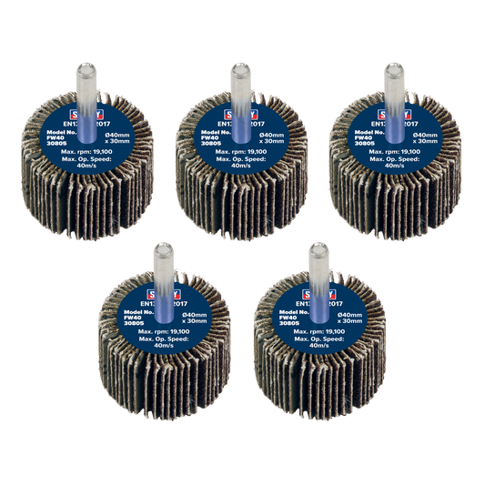 Sealey Flap Wheel 40mm x 30mm 6mm Shaft 80 Grit 5 Pieces 26700 RPM FW4030805
