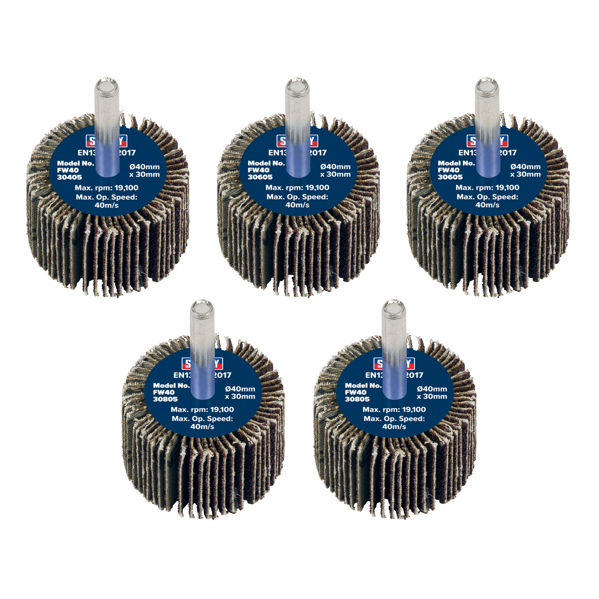 Sealey Flap Wheel 40mm x 30mm 6mm Shaft Assorted Grit 5 Pieces FW4030ASS