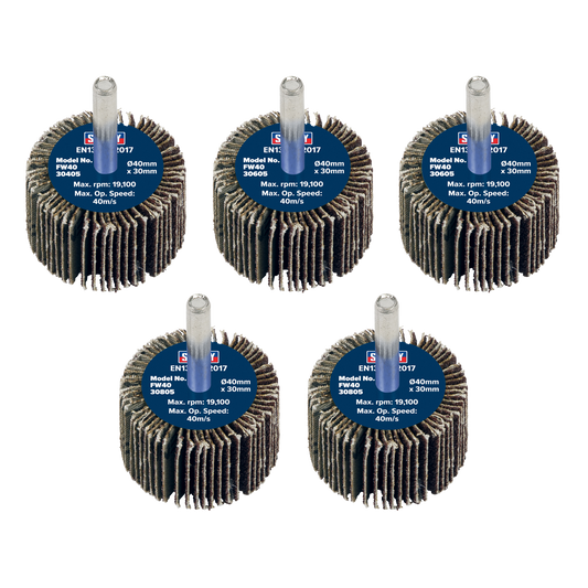 Sealey Flap Wheel 40mm x 30mm 6mm Shaft Assorted Grit 5 Pieces FW4030ASS