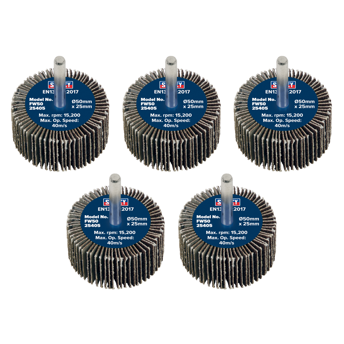Sealey Flap Wheel 50mm x 25mm 6mm Shaft 40 Grit 5 Pieces 26700 RPM FW5025405