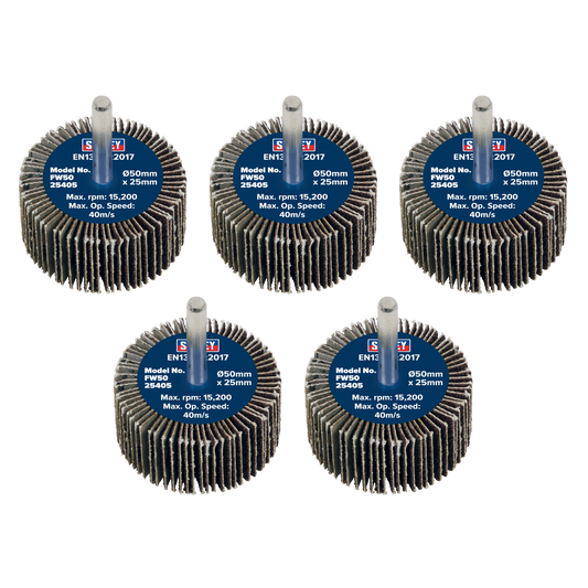 Sealey Flap Wheel 50mm x 25mm 6mm Shaft 40 Grit 5 Pieces 26700 RPM FW5025405