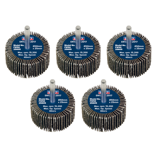 Sealey Flap Wheel 50mm x 25mm 6mm Shaft 60 Grit 5 Pieces 26700 RPM FW5025605
