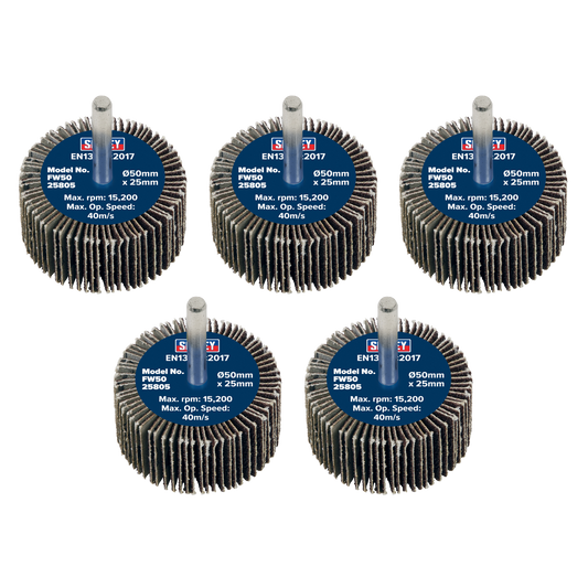 Sealey Flap Wheel 50mm x 25mm 6mm Shaft 80 Grit 5 Pieces 26700 RPM FW5025805