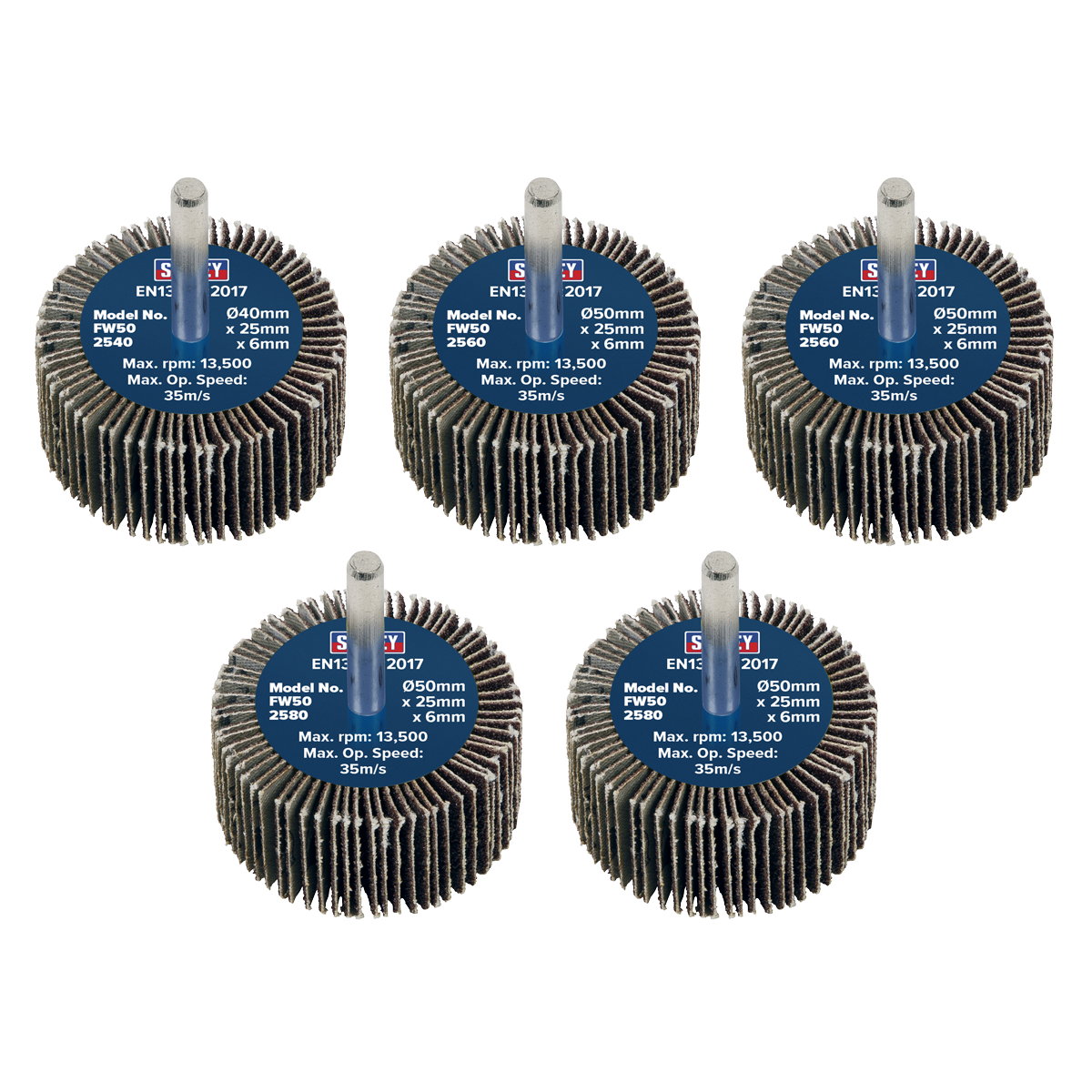 Sealey Flap Wheel 50mm x 25mm 6mm Shaft Assorted Grit 5 Pieces FW5025ASS