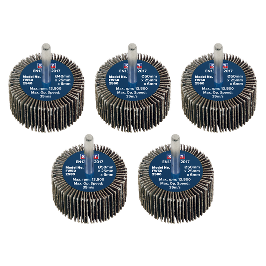 Sealey Flap Wheel 50mm x 25mm 6mm Shaft Assorted Grit 5 Pieces FW5025ASS