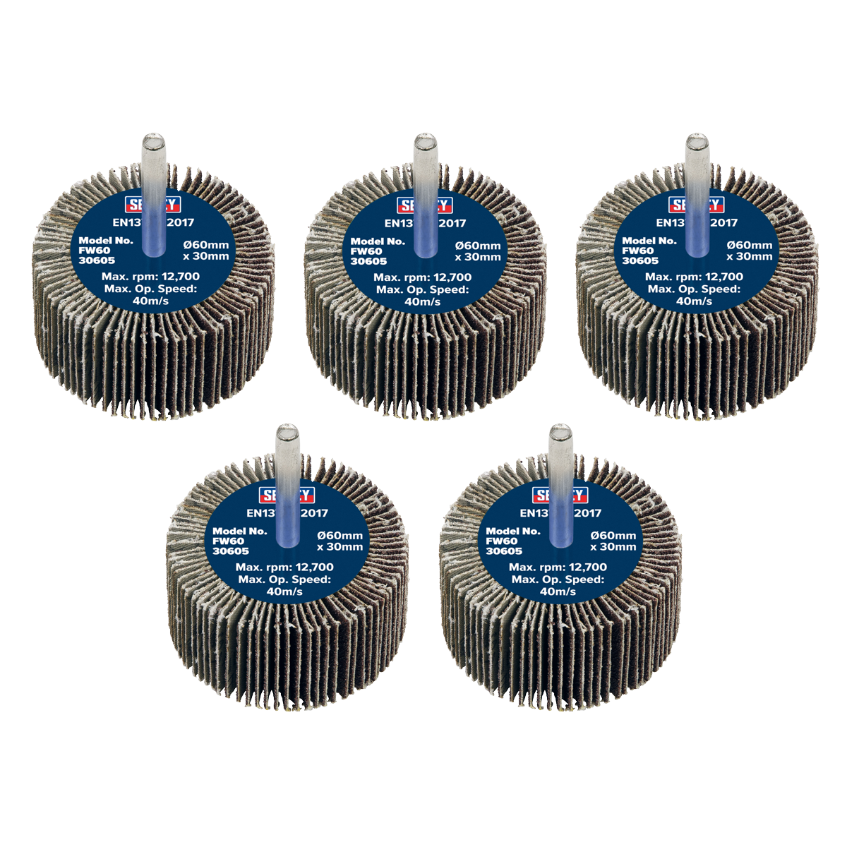 Sealey Flap Wheel 60mm x 30mm 6mm Shaft 60 Grit 5 Pieces 26700 RPM FW6030605