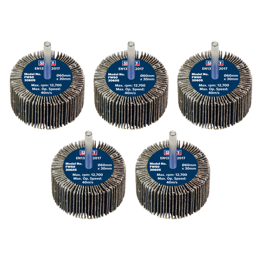 Sealey Flap Wheel 60mm x 30mm 6mm Shaft 60 Grit 5 Pieces 26700 RPM FW6030605