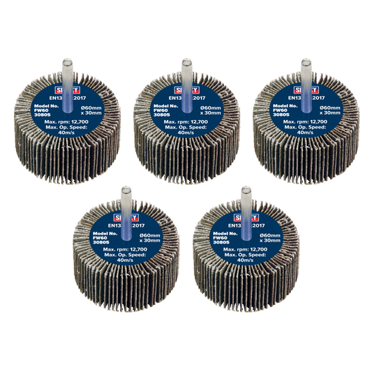 Sealey Flap Wheel 60mm x 30mm 6mm Shaft 80 Grit 5 Pieces 26700 RPM FW6030805