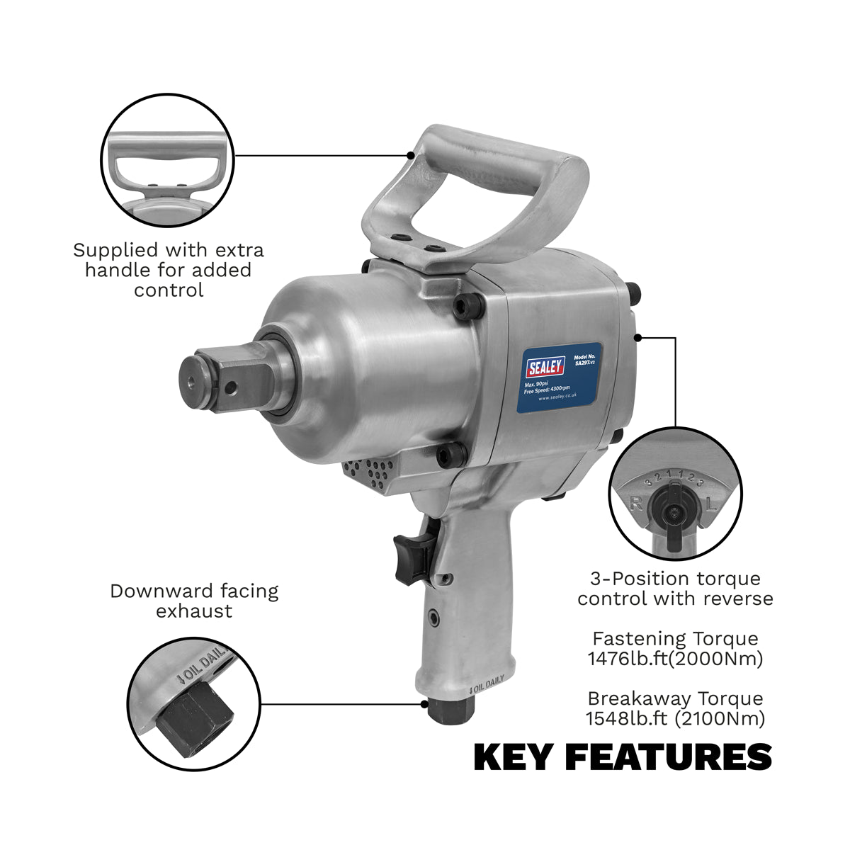 Sealey 1" Square Drive Air Impact Wrench Pistol Type With Top Handle SA297