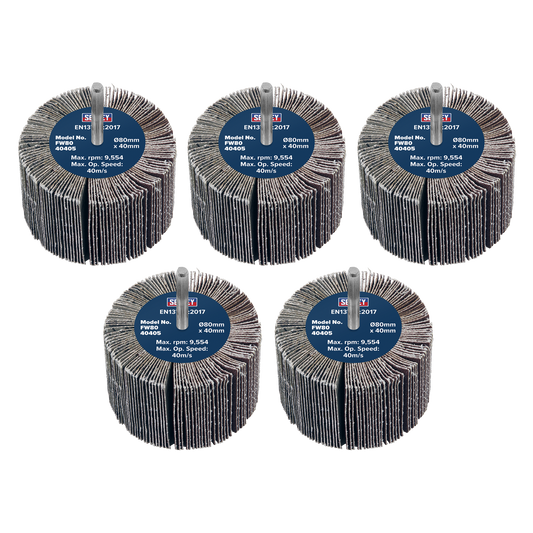Sealey Abrasive Flap Wheel Ø80 x 40mm 40Grit Ø6mm Shaft 5 Pieces FW8040405
