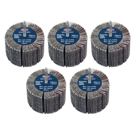 Sealey Abrasive Flap Wheel Ø80 x 40mm 60Grit Ø6mm Shaft 5 Pieces FW8040605