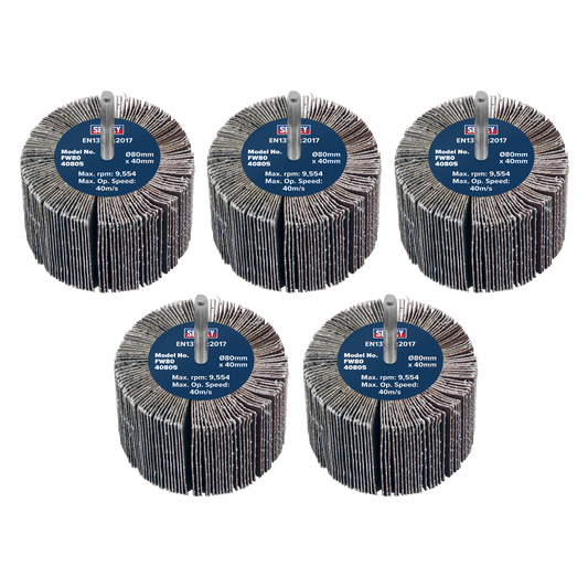Sealey Abrasive Flap Wheel Ø80 x 40mm 80Grit Ø6mm Shaft 5 Pieces FW8040805