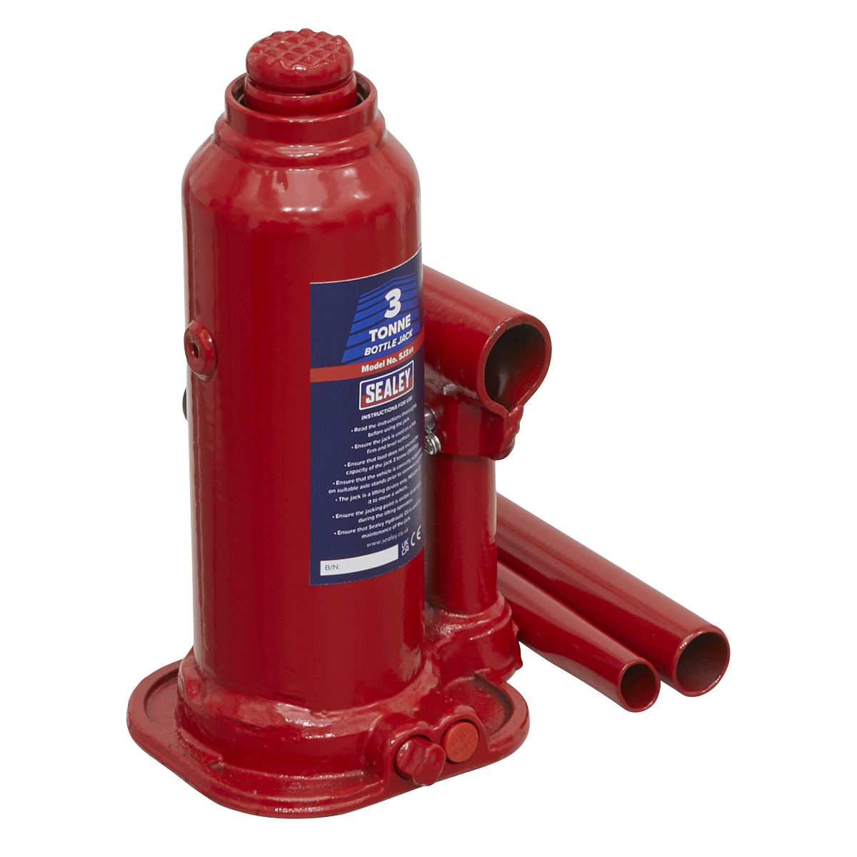 Sealey Bottle Jack Lift With Overload Valve & 2-Piece Handle - 3 Tonne SJ3