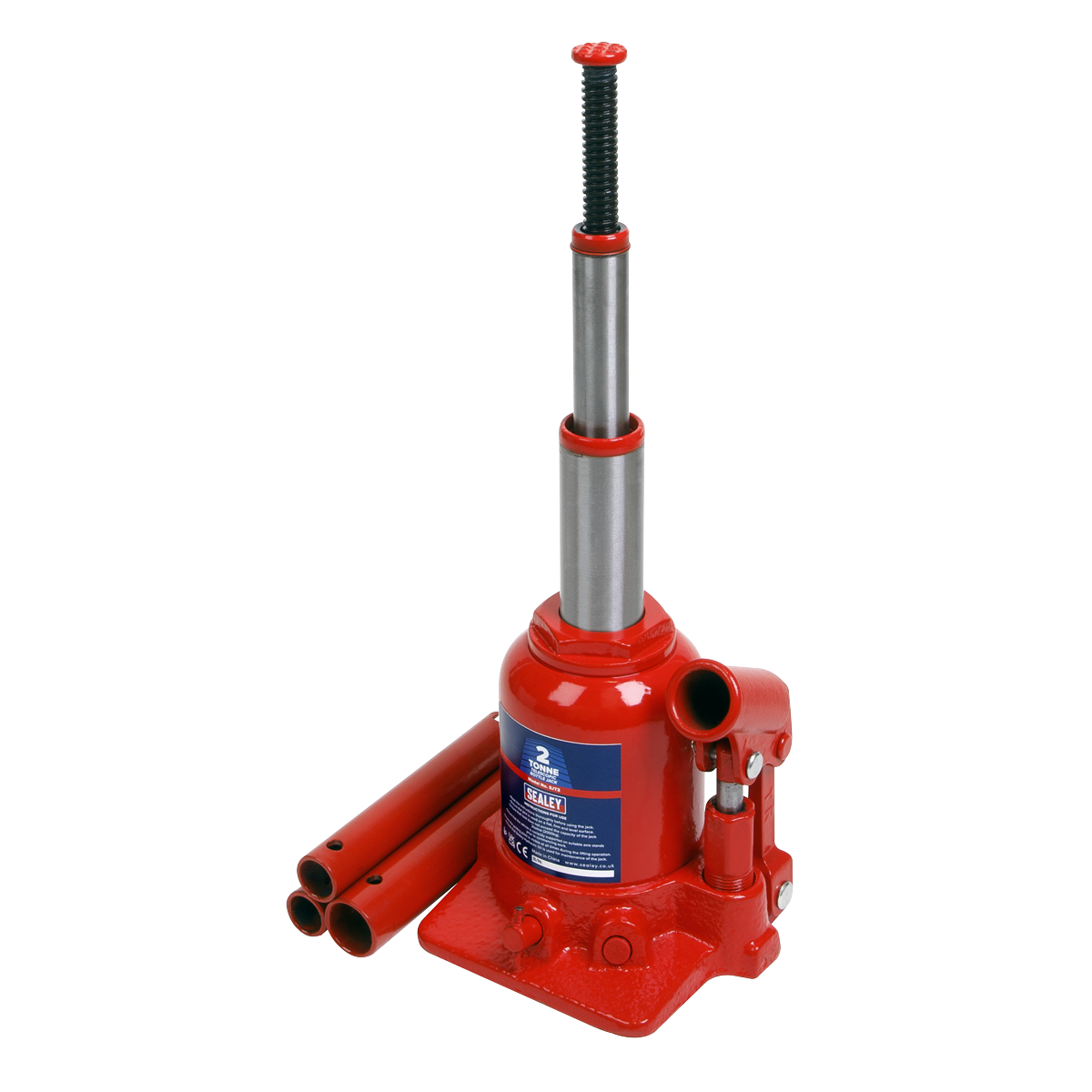 Sealey Bottle Jack 2 Tonne Telescopic With Overload Valve & 3-Piece Handle SJT2
