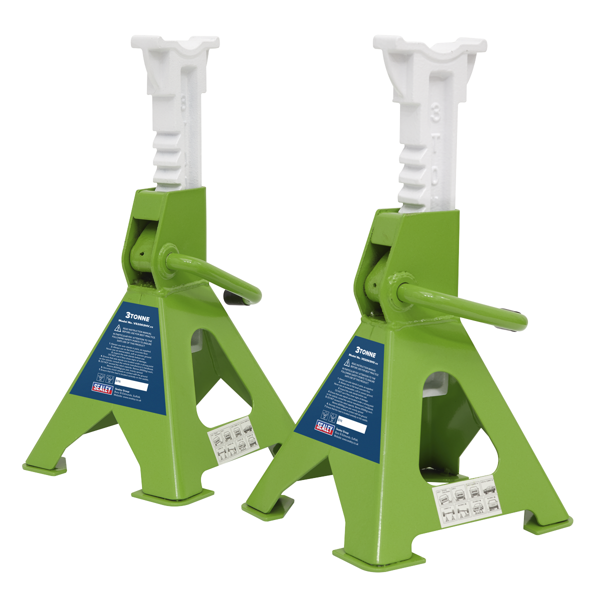 Sealey Load Axle Stands x2 3 Tonne Cap/Stand Ratchet Type Hi-Vis Green VS2003HV