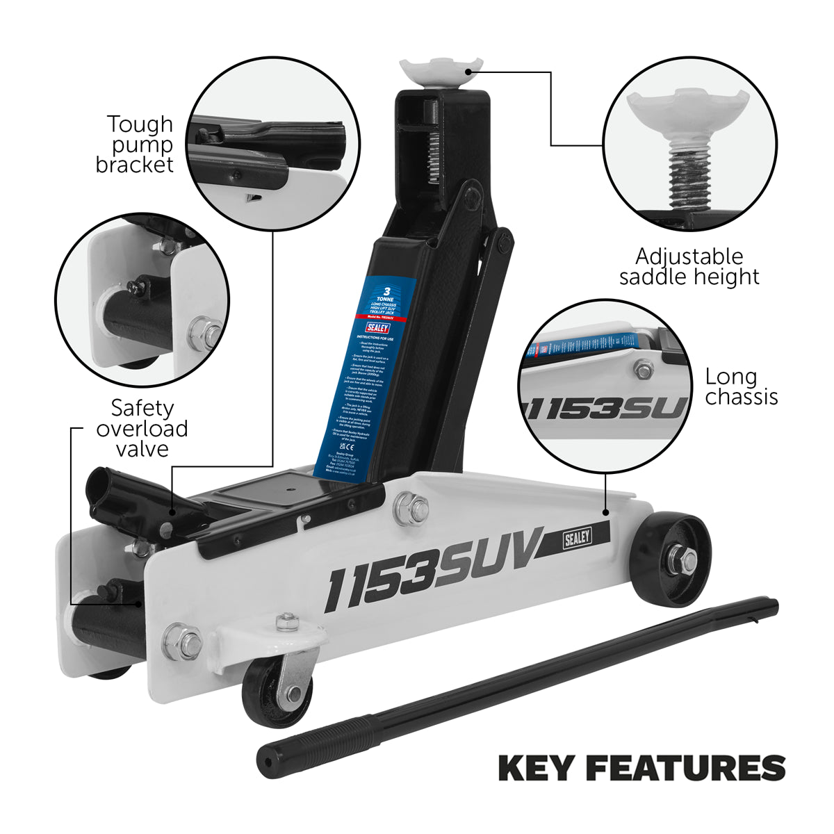 Sealey Long Chassis High Lift SUV Trolley Jack 3 Tonne 192-533mm 1153SUV