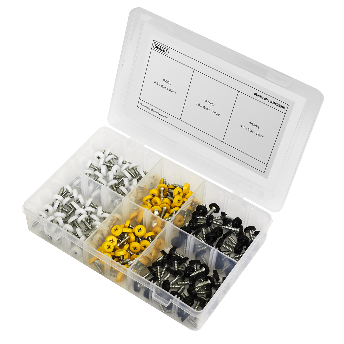 Sealey Numberplate Screw Assorted 195 Pieces 4.8mm x 18mm Plastic Enclosed Head