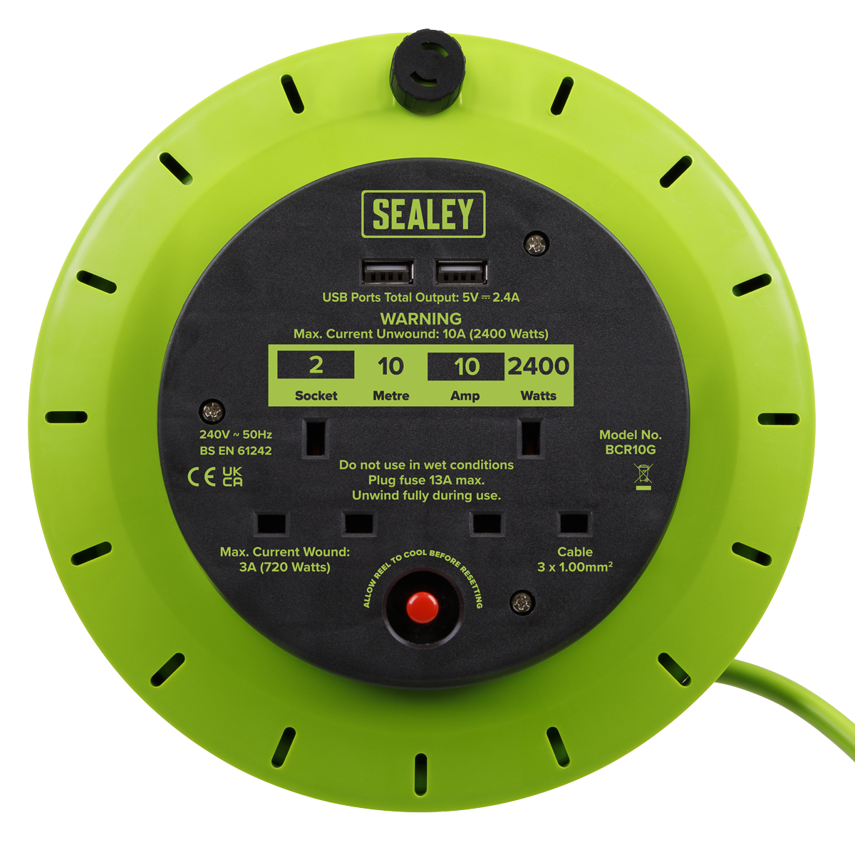 Sealey Cassette Type Cable Reel Green with Thermal Trip 2x 230V 2x USB 10m