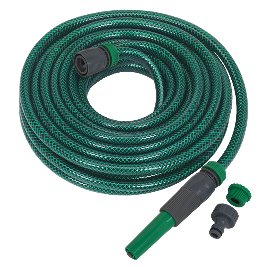 Sealey 15 Metres Water Hose With Fittings & Spray/Jet Nozzle Green PVC GH15R/12