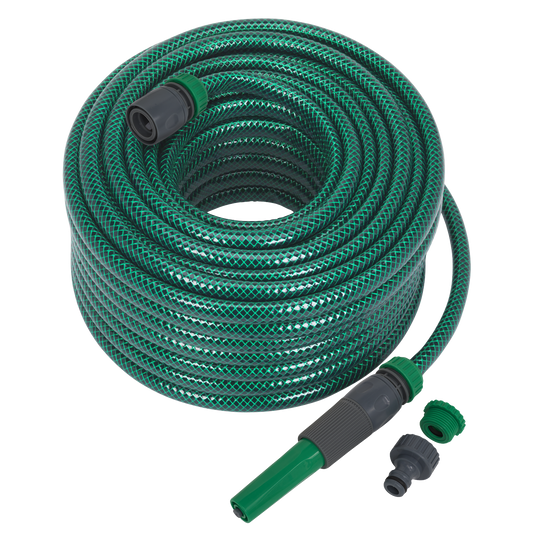Sealey 30 Metres Water Hose With Fittings & Spray/Jet Nozzle Green PVC GH30R