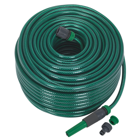 Sealey 80 Metres Water Hose With Fittings & Spray/Jet Nozzle Green PVC GH80R