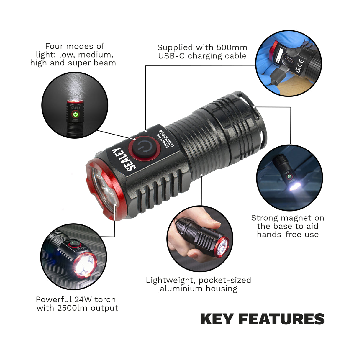 Sealey Super Beam 2500 Lumens Rechargeable SMD LED 24W Pocket Light LED2500SB