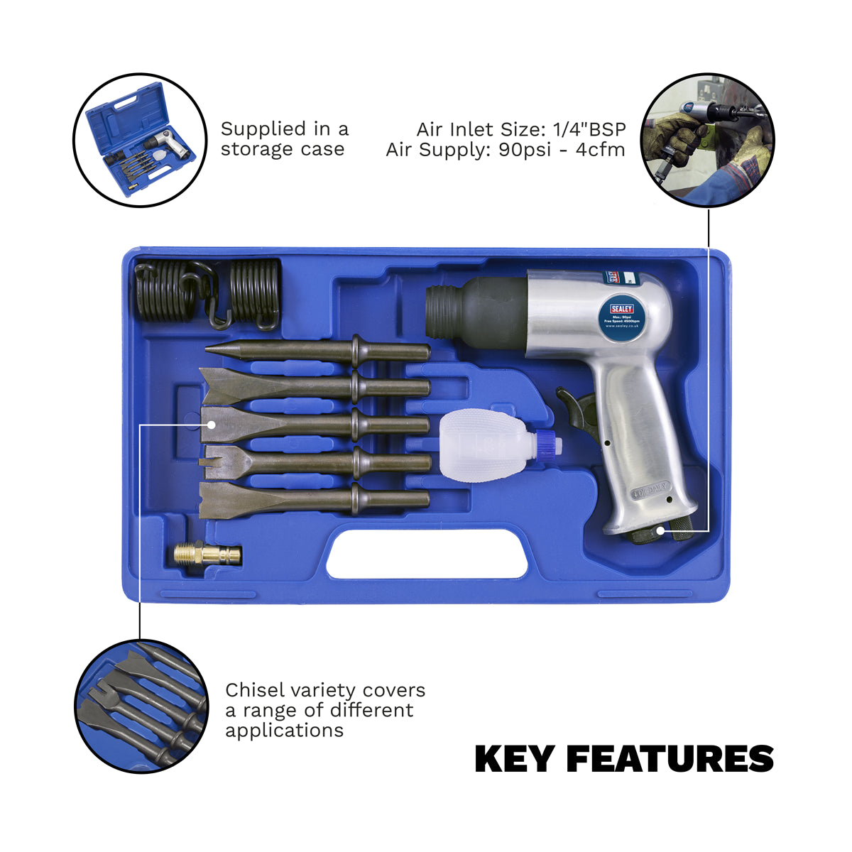 Sealey Air Hammer With Chisels Medium Stroke in Storage Case 90psi SA12/S