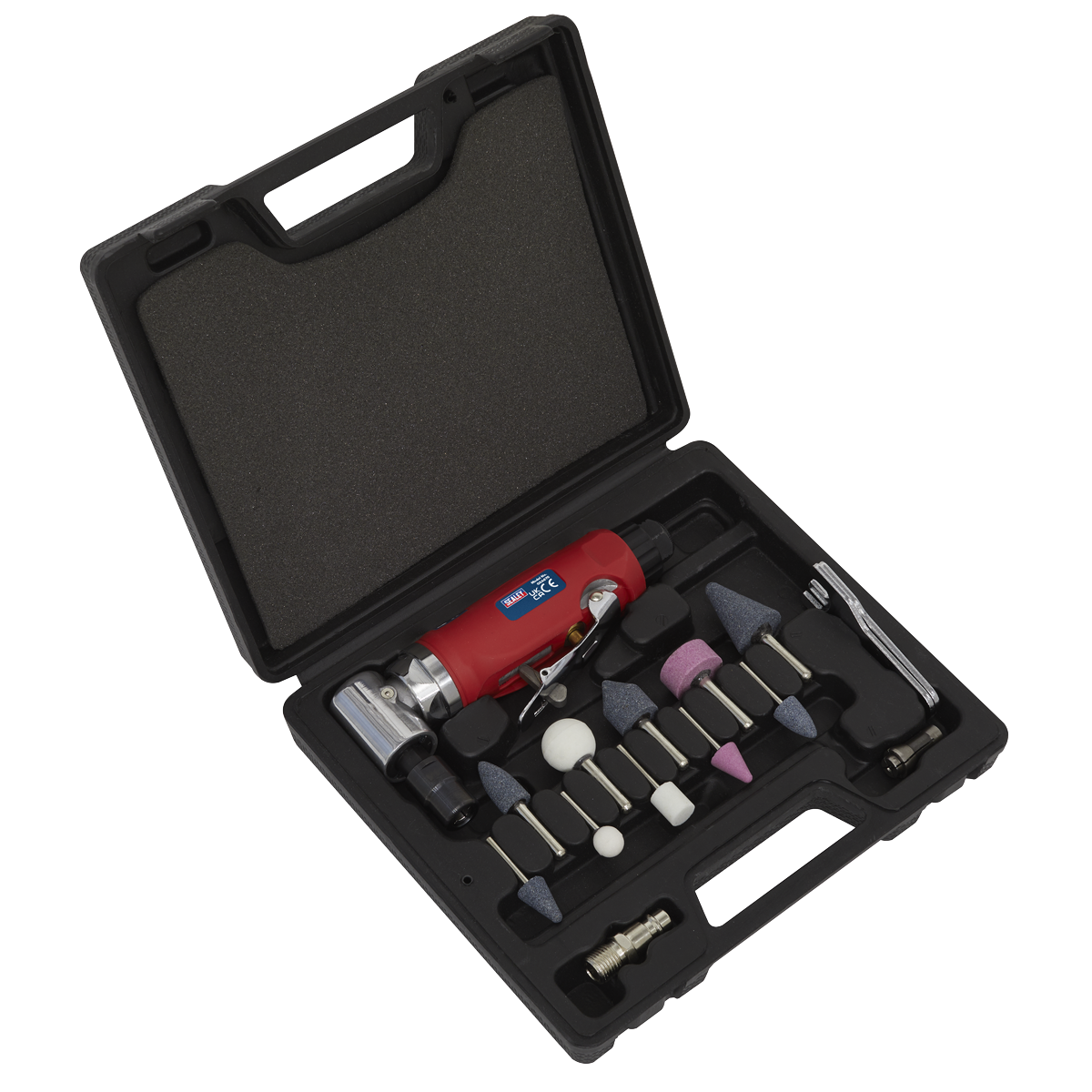 Sealey Air Die Grinder 90° Angle Kit With Low Noise Air Exhaust 15 Pieces GSA675