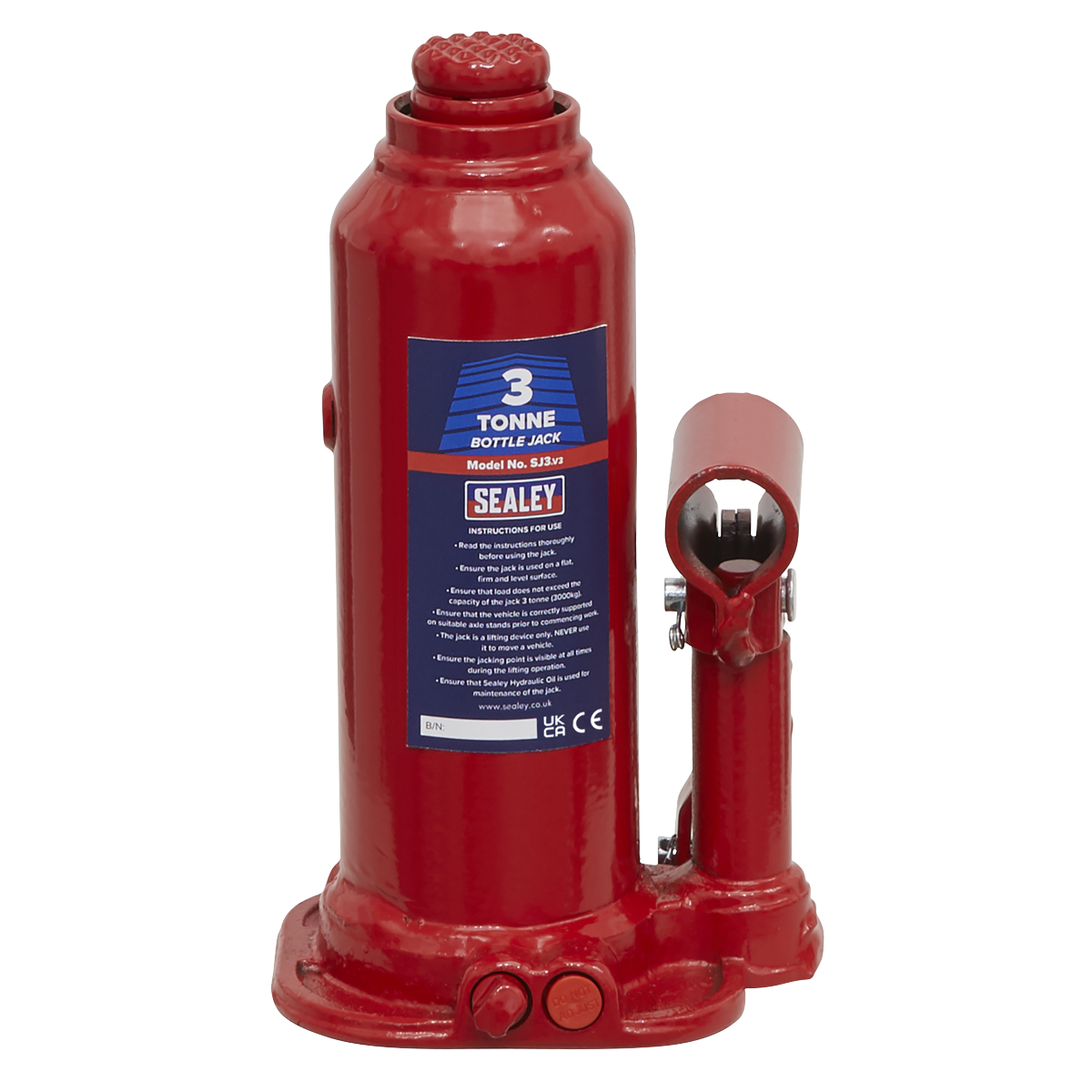 Sealey Bottle Jack Lift With Overload Valve & 2-Piece Handle - 3 Tonne SJ3