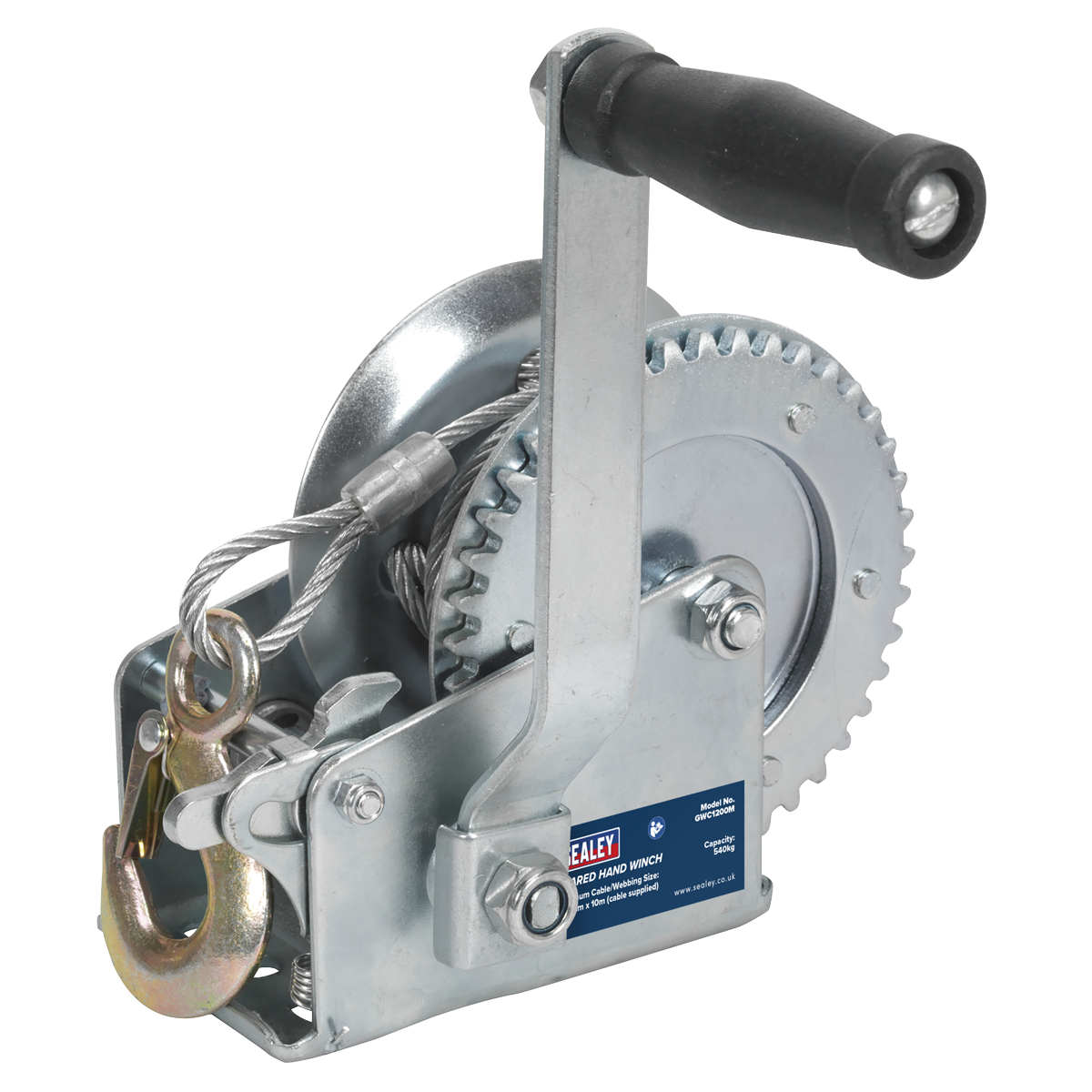 Sealey Geared Hand Winch With 10m Cable Manual Brake 540kg Capacity GWC1200M