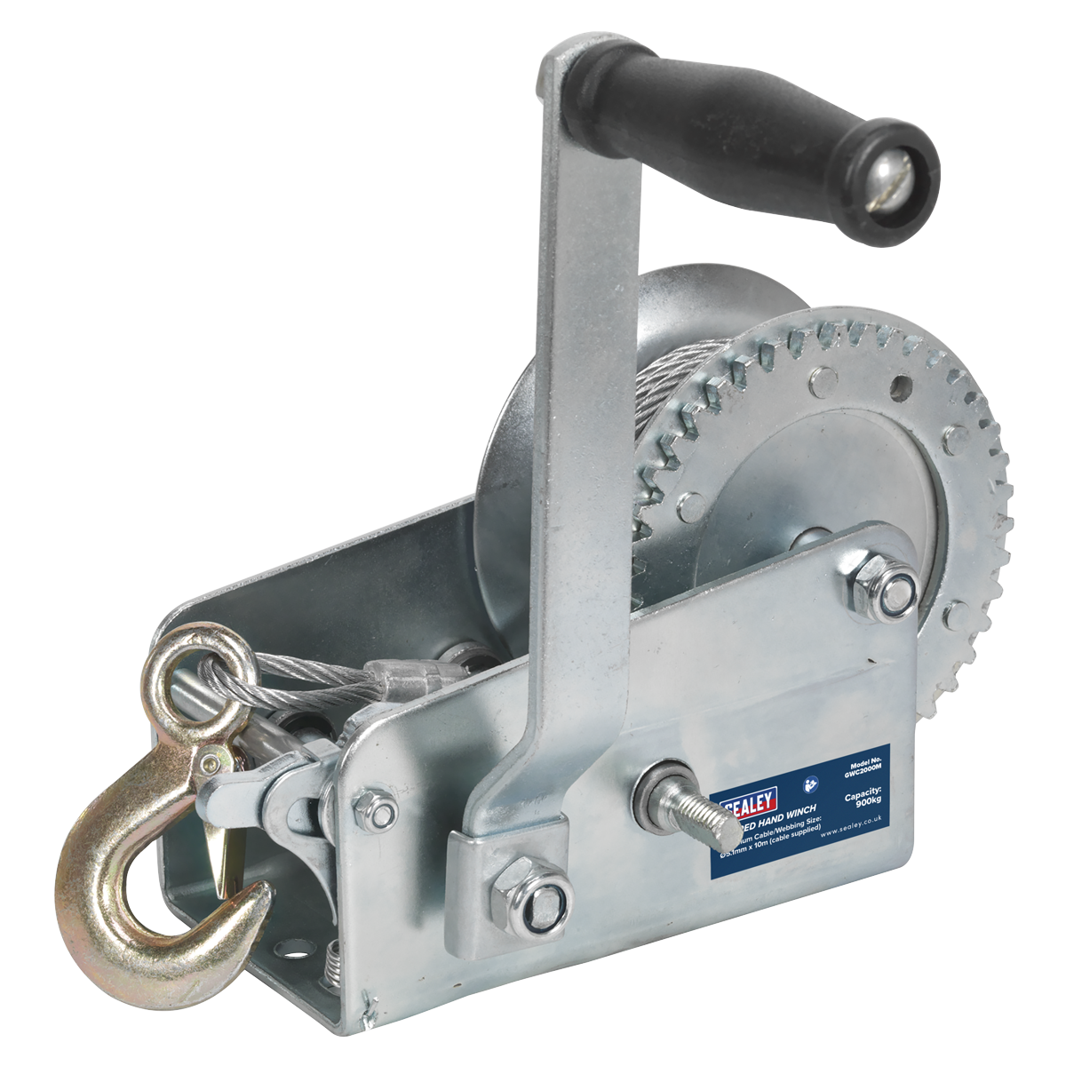 Sealey Geared Hand Winch With 10m Cable Manual Brake 900kg Capacity GWC2000M