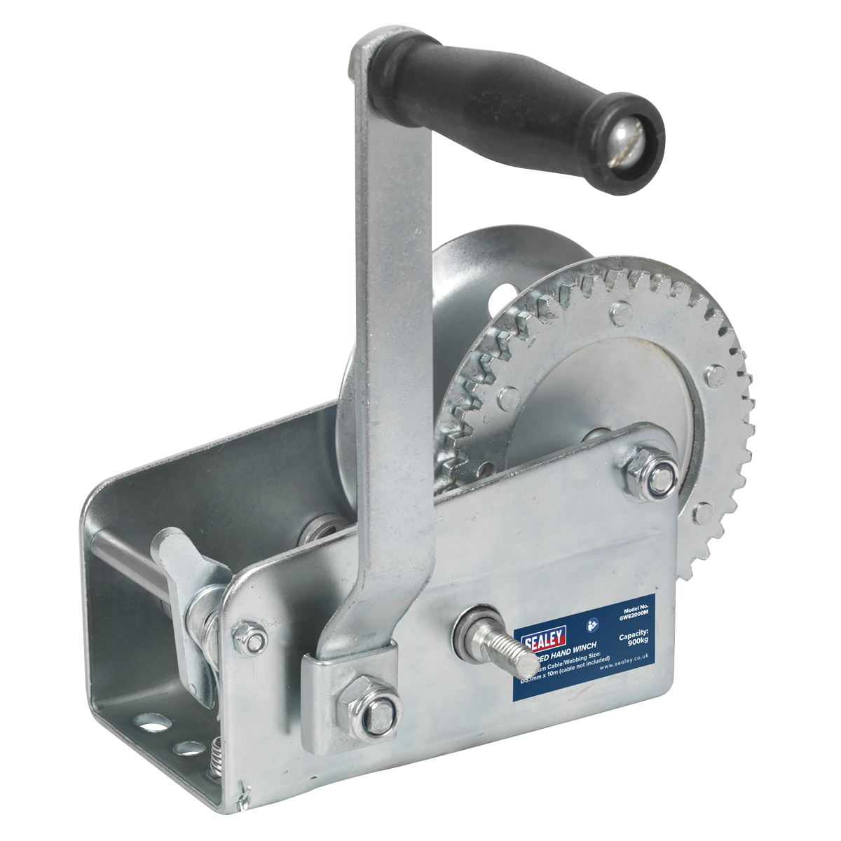 Sealey Geared Hand Winch With Manual Brake 900kg Capacity Silver GWE2000M