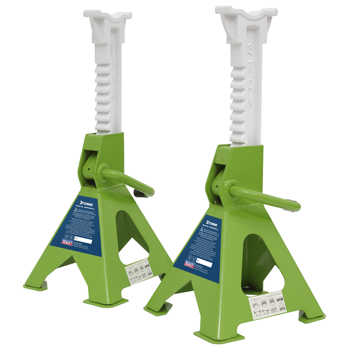 Sealey Load Axle Stands x2 3 Tonne Cap/Stand Ratchet Type Hi-Vis Green VS2003HV