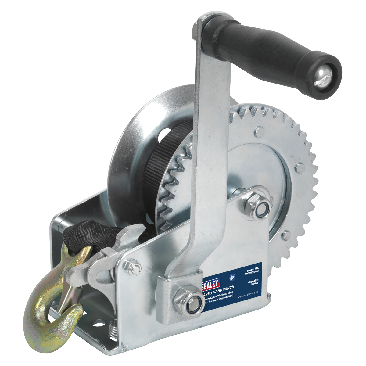 Sealey Geared Hand Winch Steel With 7m Webbing Strap - 540kg Capacity GWW1200M