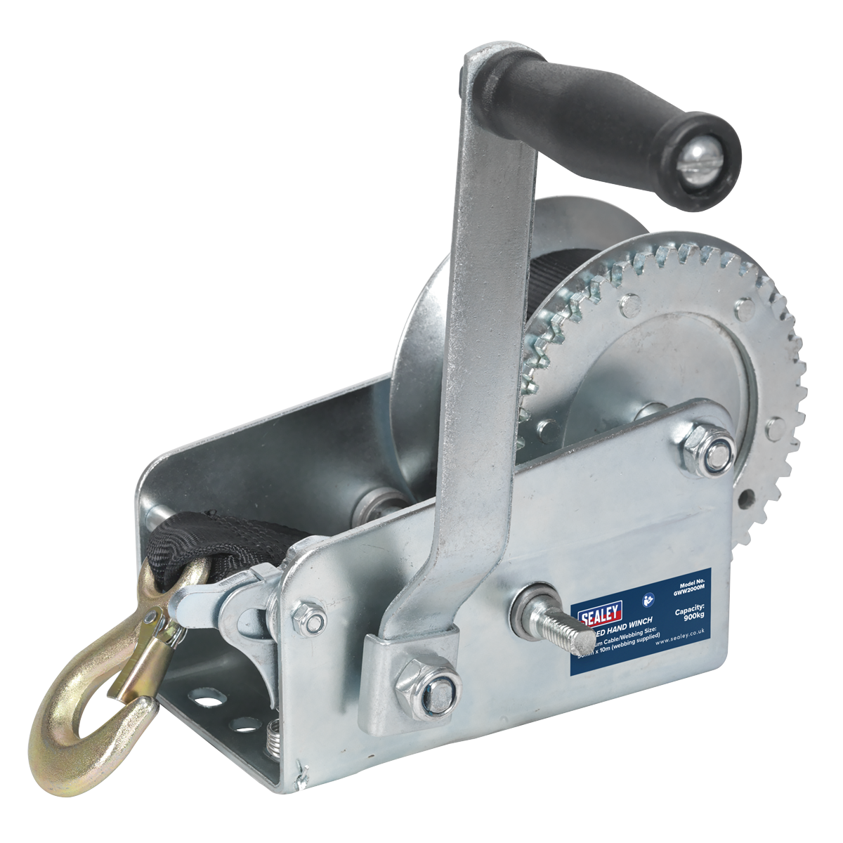 Sealey Geared Hand Winch Steel With 10m Webbing Strap 900kg Capacity GWW2000M