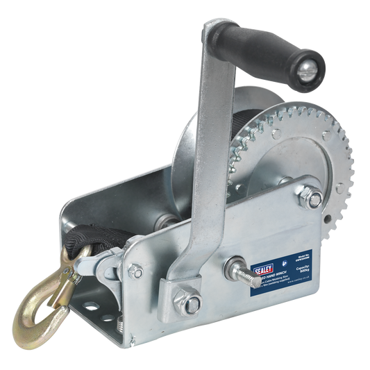 Sealey Geared Hand Winch Steel With 10m Webbing Strap 900kg Capacity GWW2000M