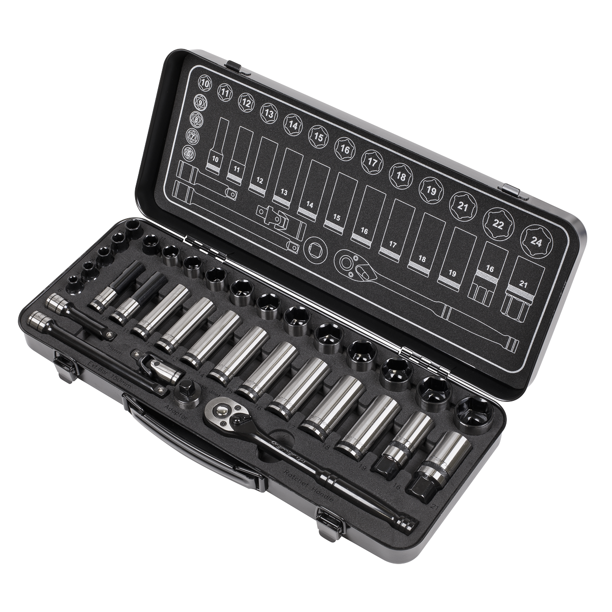 Sealey 34 Pcs 3/8" Square Drive 6 Point WallDrive Black Series Socket Set AK7971