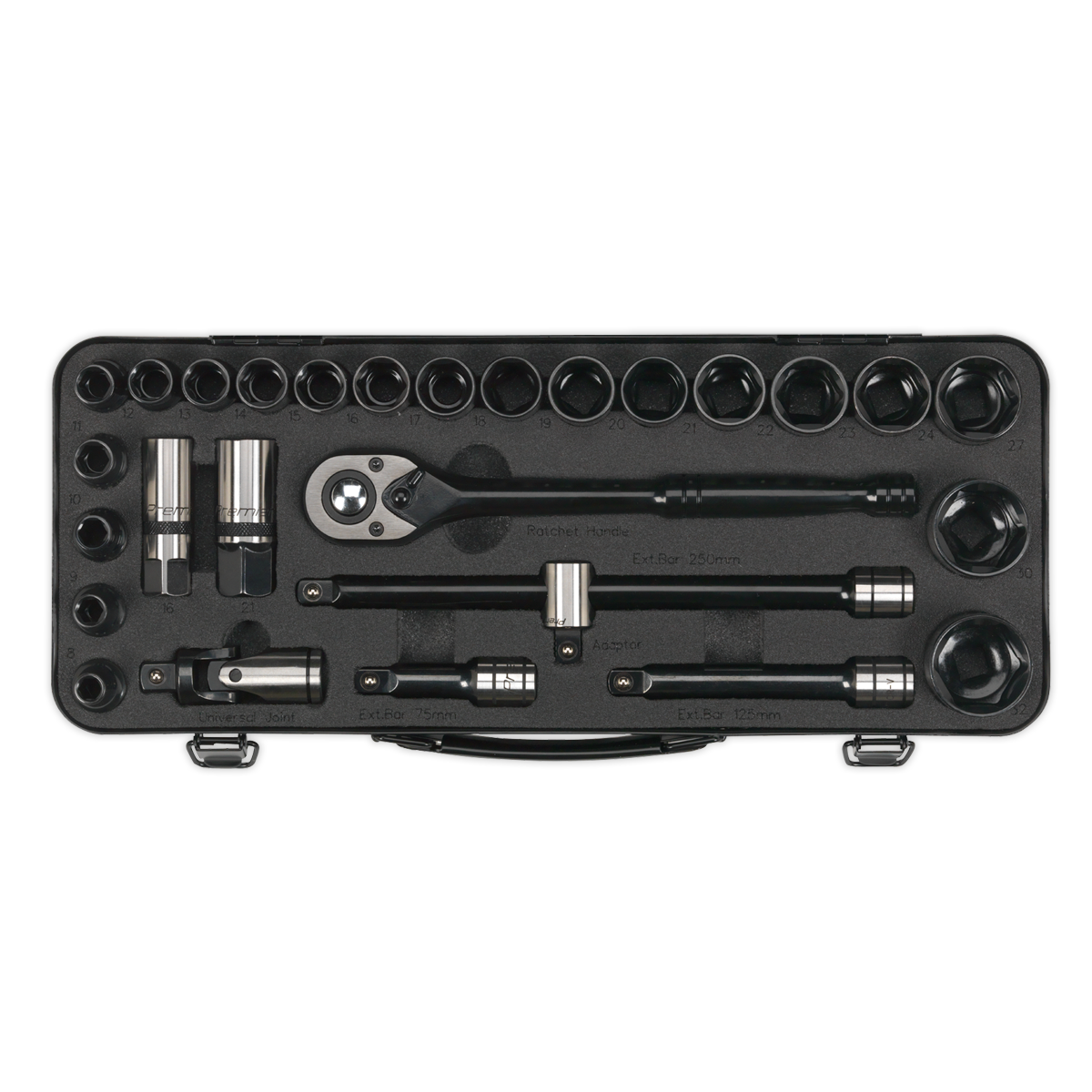 Sealey 28 Pcs 1/2" Square Drive 6 Point WallDrive Black Series Socket Set AK7972
