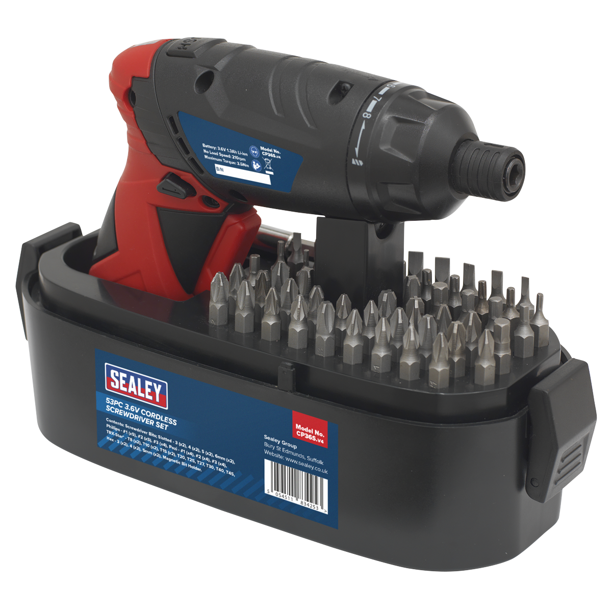 Sealey 3.6v Cordless Lithium-Ion Screwdriver Set Trigger-Lock Control 53pc CP36S