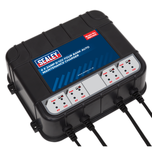 Sealey 8A 4x2A 6V 12V Four Bank Compact Auto Smart Charger & Maintainer MBC420