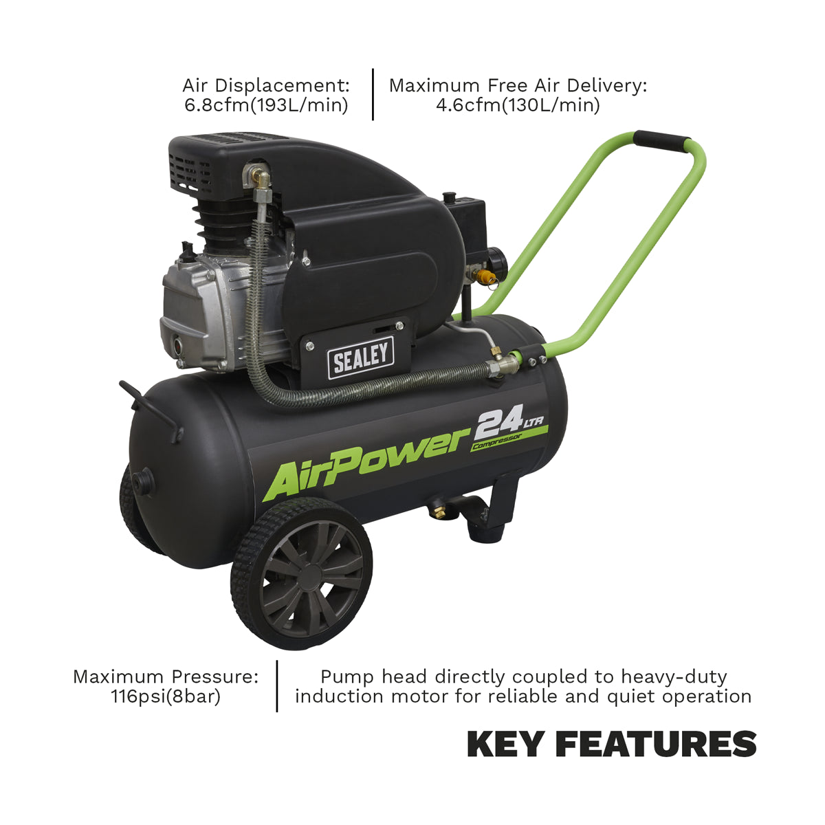 Sealey Compressor 24 Litres Direct Drive 2hp 230v 130L/min 116psi Black SAC2420E