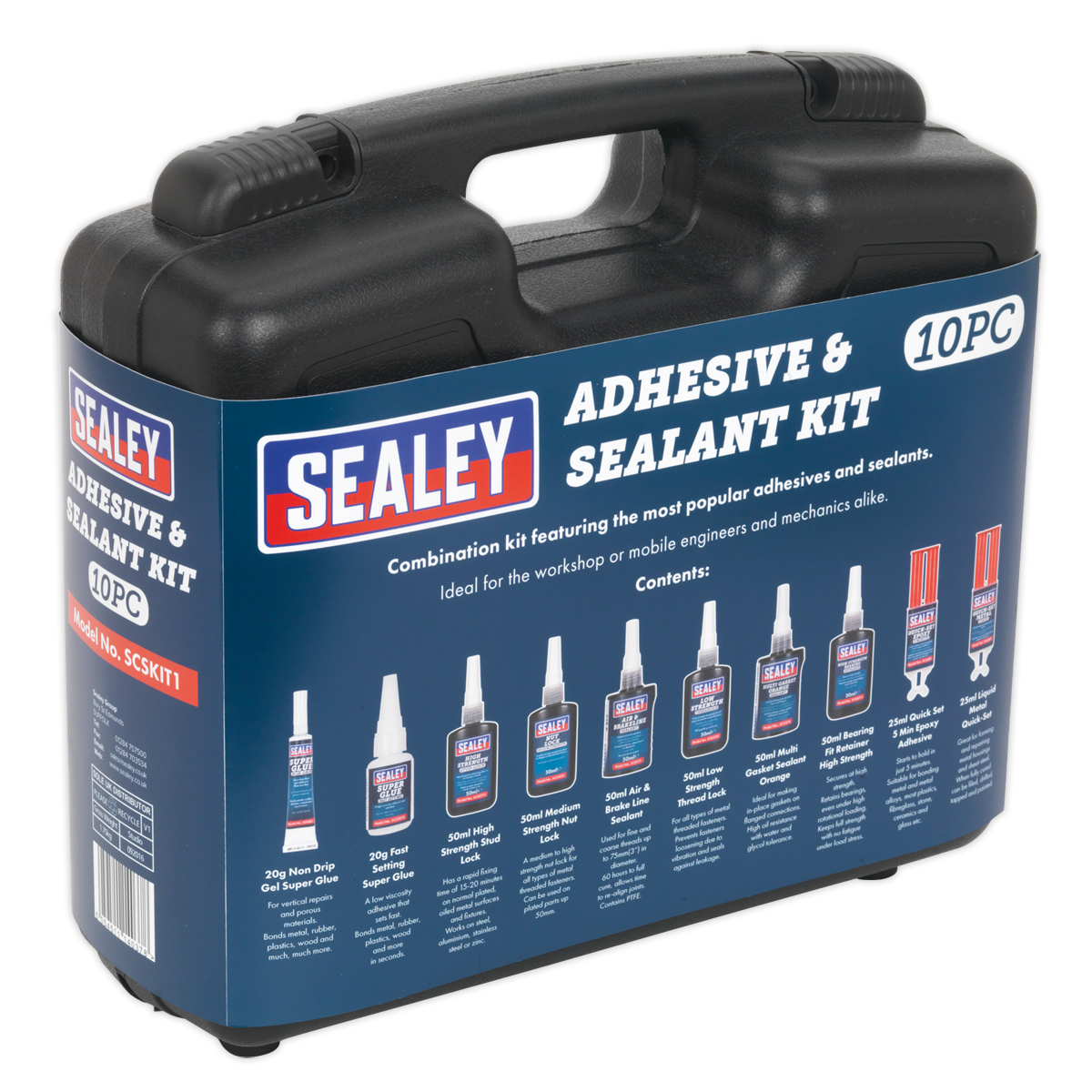 Sealey Adhesive & Sealant Kit With Thread Nut & Stud Lock 10 Pieces SCSKIT1