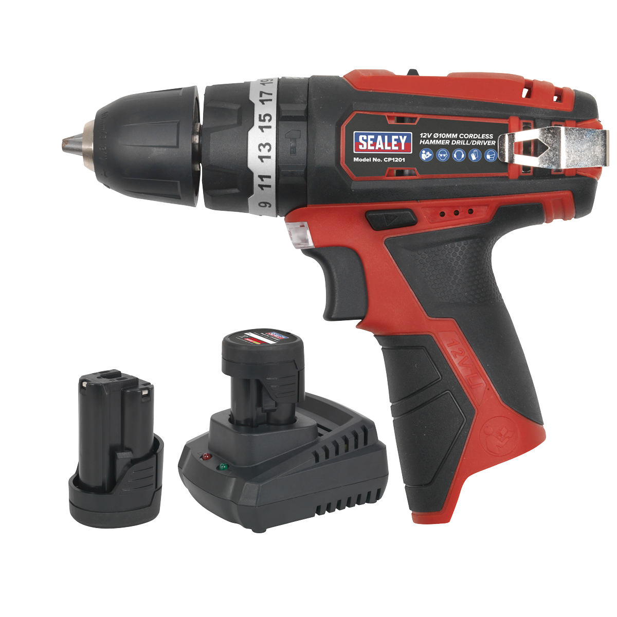 Sealey Compact Hammer Drill Driver Kit 10mm 12V Li-Ion - 2 Batteries CP1201KIT