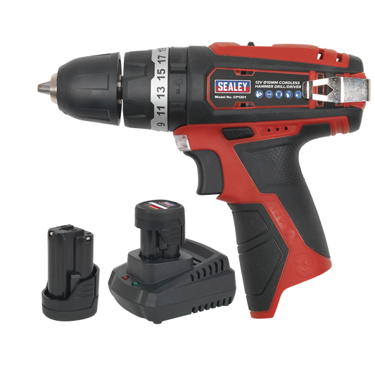 Sealey Compact Hammer Drill Driver Kit 10mm 12V Li-Ion - 2 Batteries CP1201KIT