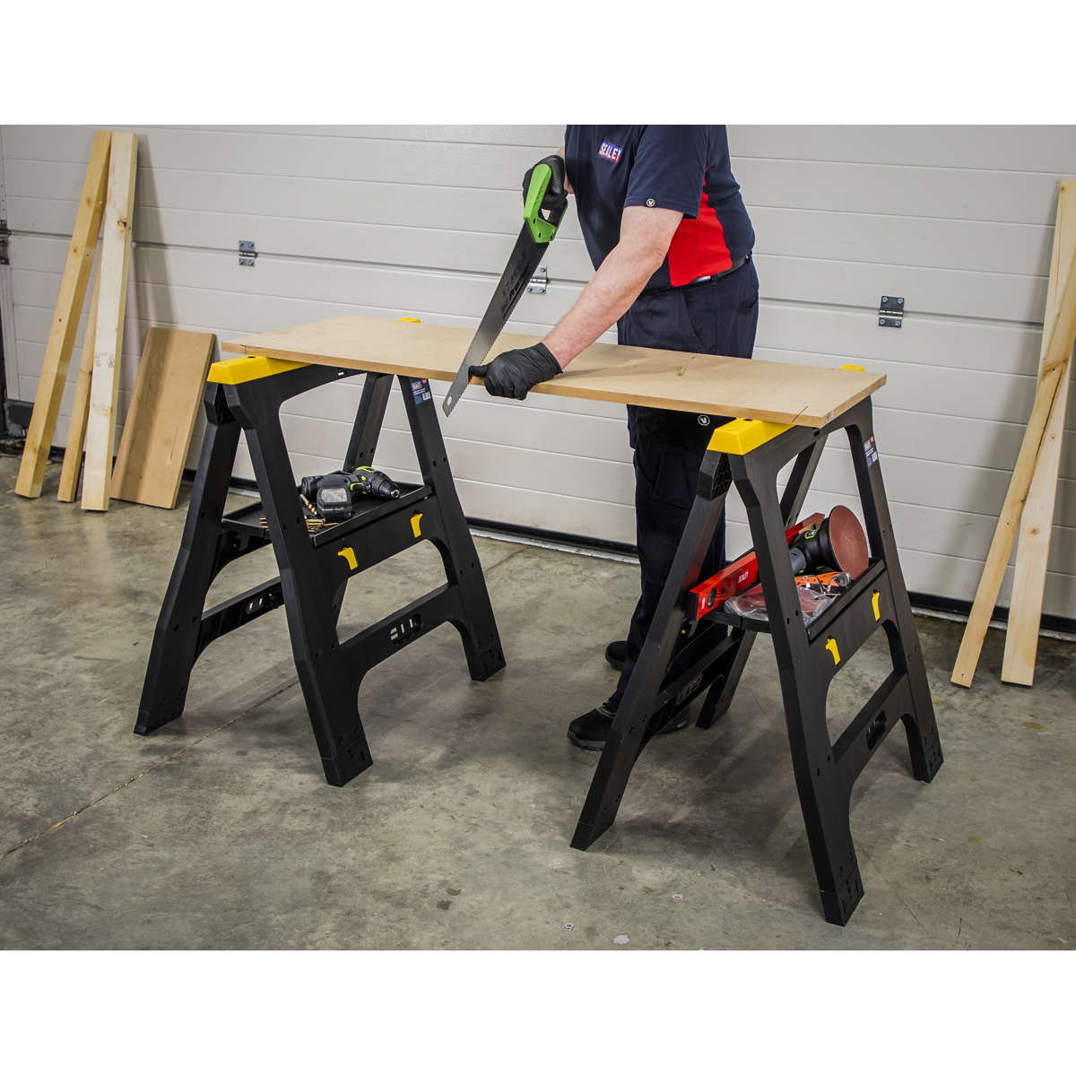 Sealey Heavy Duty Folding Composite Trestles Fully Collapsible 4 Hooks FDT42
