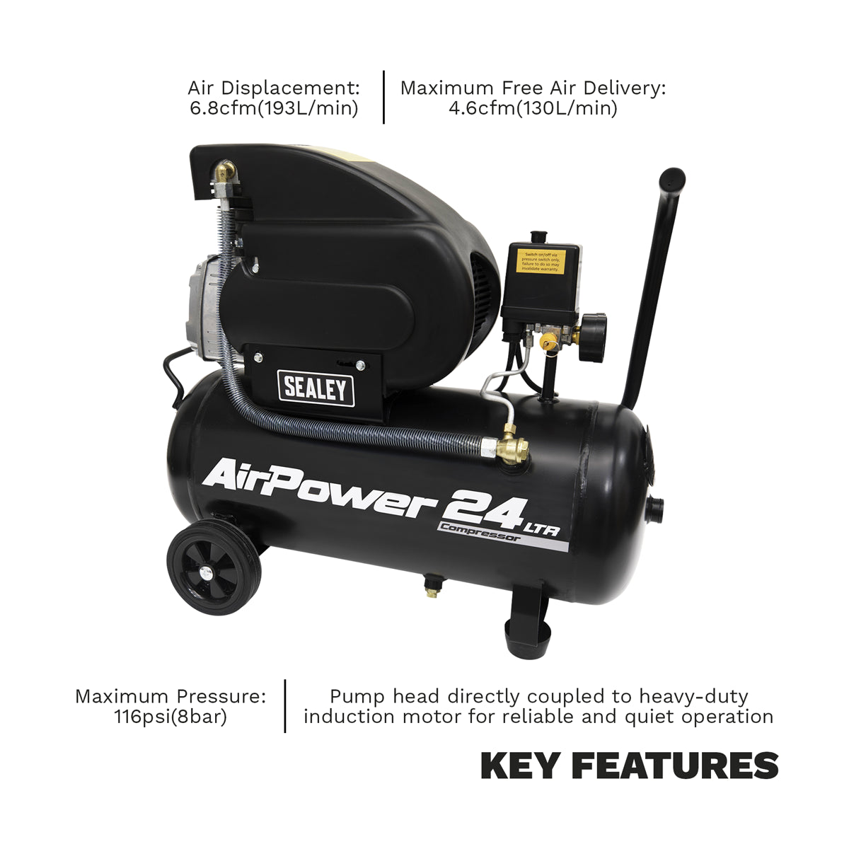 Sealey 24L Direct Drive Air Compressor 2hp 116PSI 8 Bar - Black SAC2420A