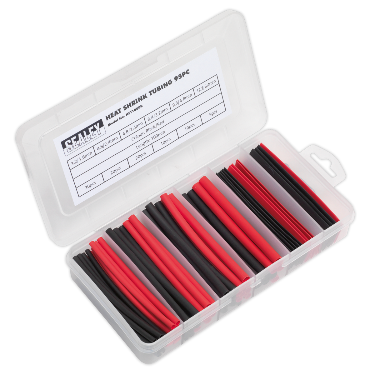 Sealey Heat Shrink Tubing Sleeve Black & Red 100mm 95 Pieces RoHS HST100BR